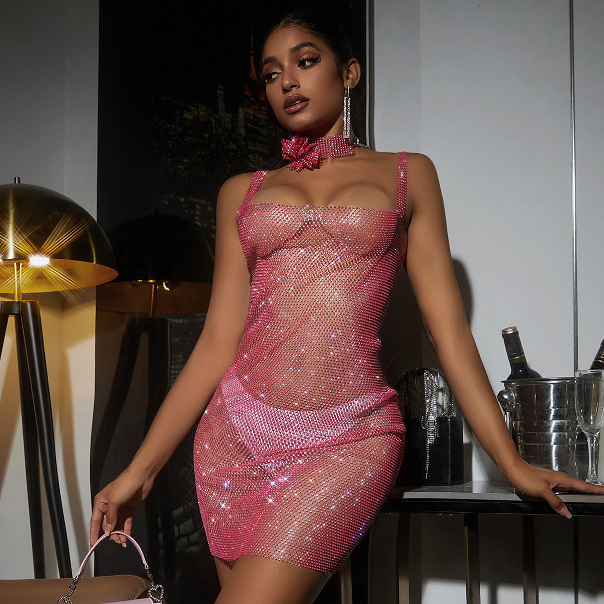 Women's Fashion Hollowed-out Fishnet Rhinestone Dress Aclosy