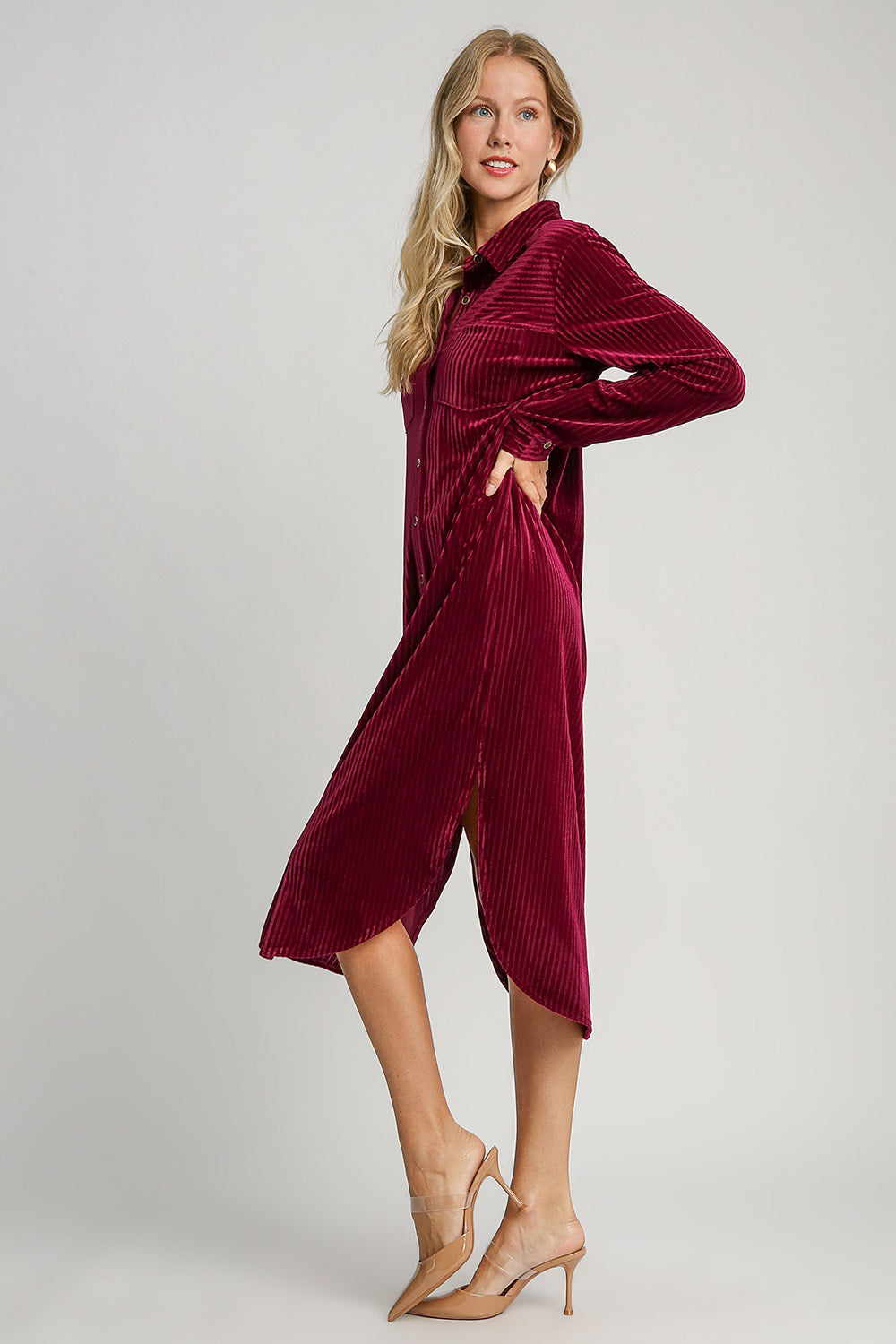 Umgee Texture Curved Hem Button Down Shirt Dress Trendsi