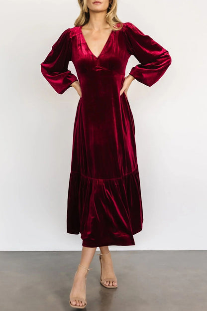 V-Neck Long Sleeve Midi Velvet Dress Trendsi