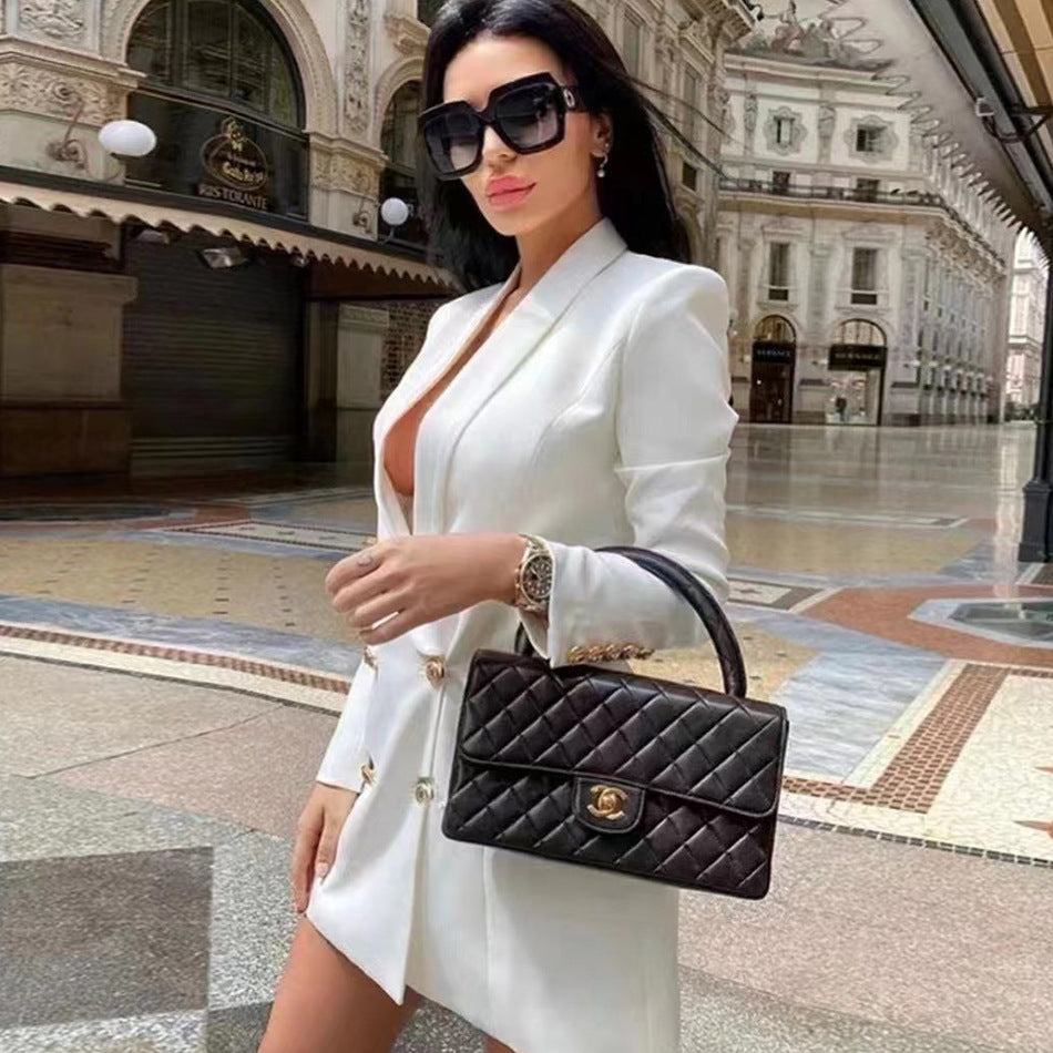 Long Sleeve Deep V-neck Elegant Suit Double Breasted Thickened Shoulder Blazer aclosy