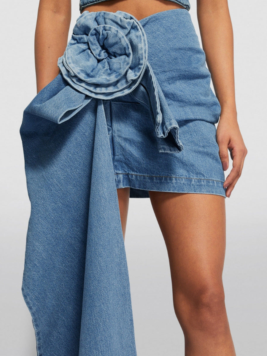 Women's Retro Blue Rose Flower Denim Skirt aclosy