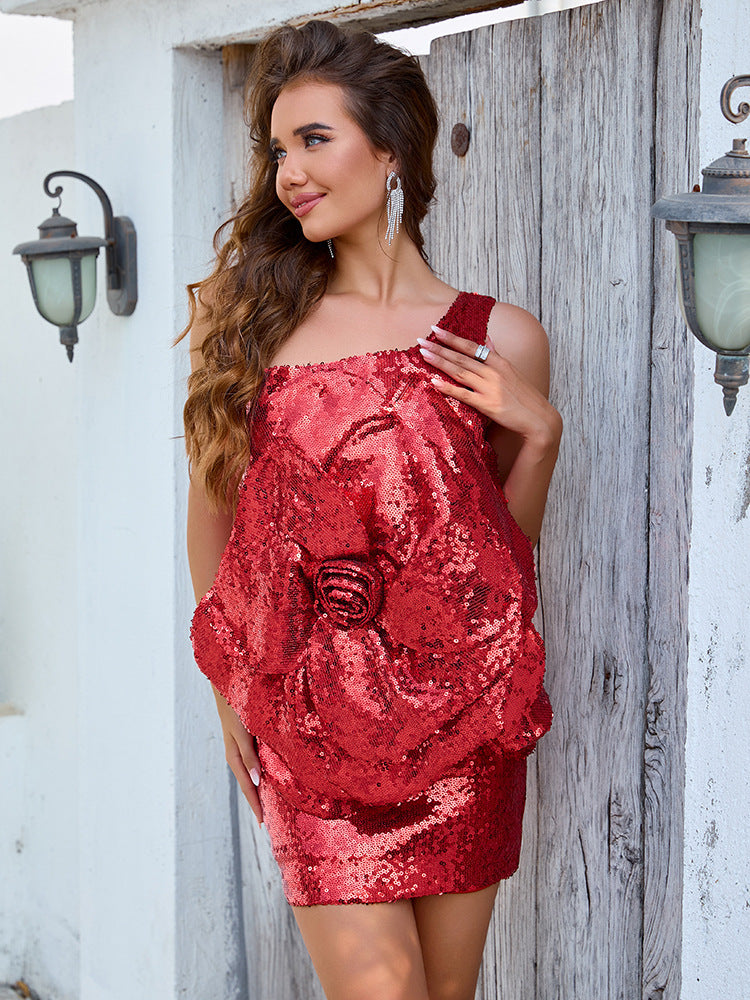 Adorable Mini Red Rose Sequin Dress