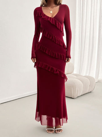 devine ruffle maxi dress Ruffled Surplice Long Sleeve Color:WW Brown Gold Heels Navy Dress launchdate:10/10/2019 Smocked Sheer
