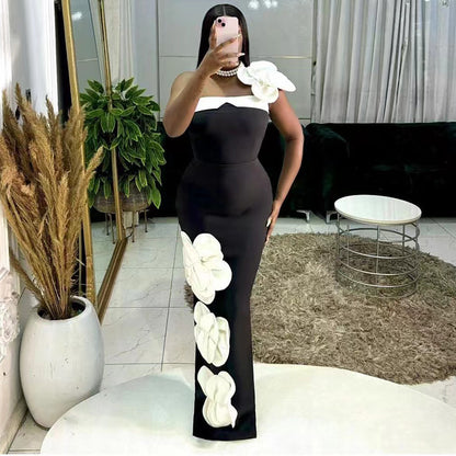 Tube Top Black And White Stitching Large Flower Dress aclosy