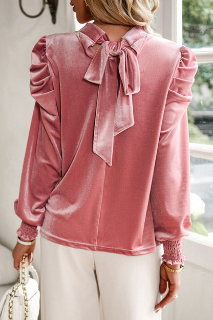 Tie Up Mock Neck Velvet Fabric Long Sleeve Blouse Trendsi