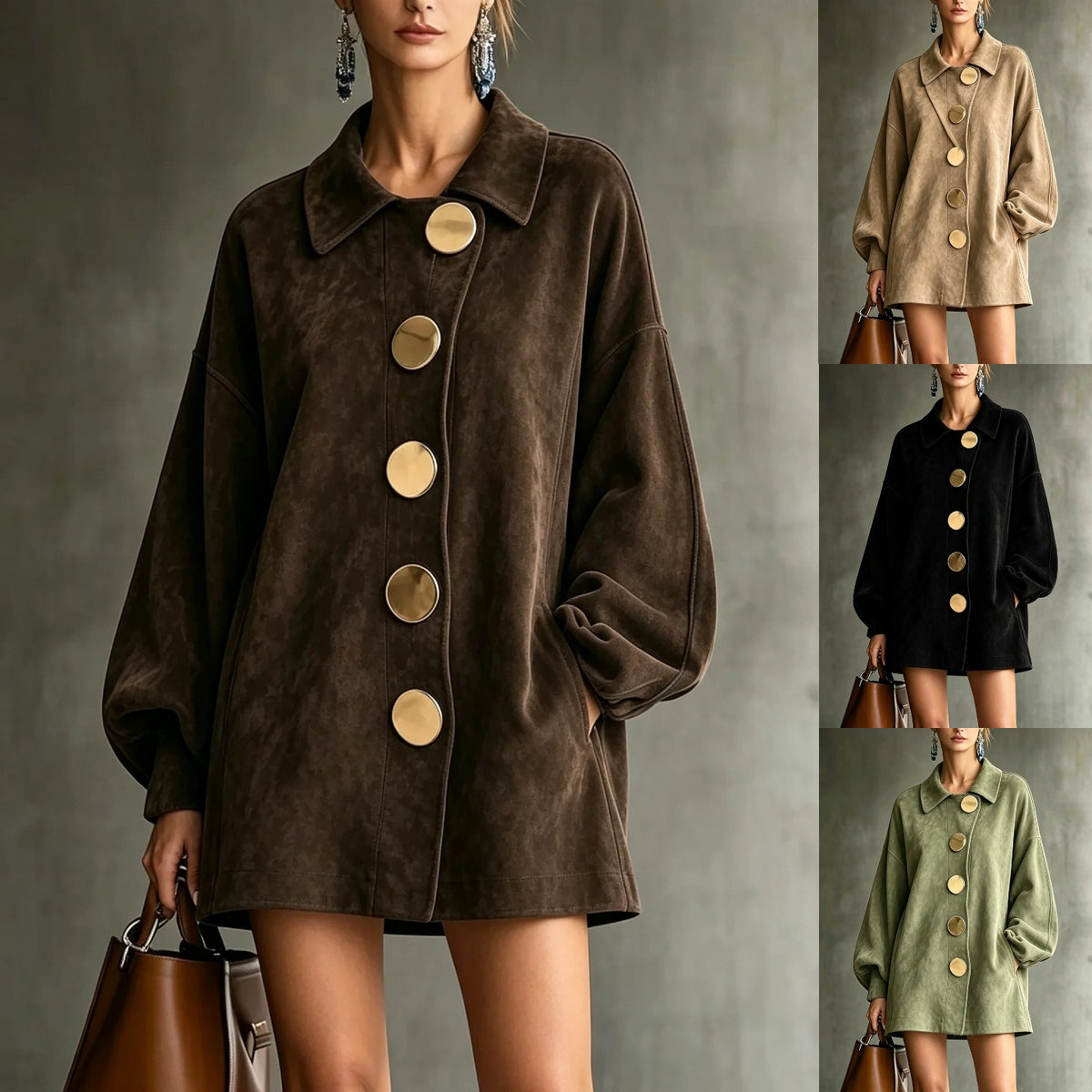 margot oversized faux suede jacket dress with gold buttons - all colors