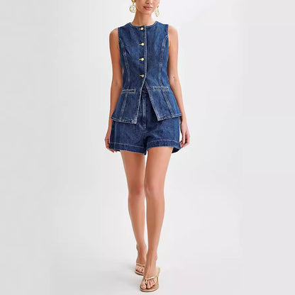 Denim Sleeveless Button Up Top Suit-Blue