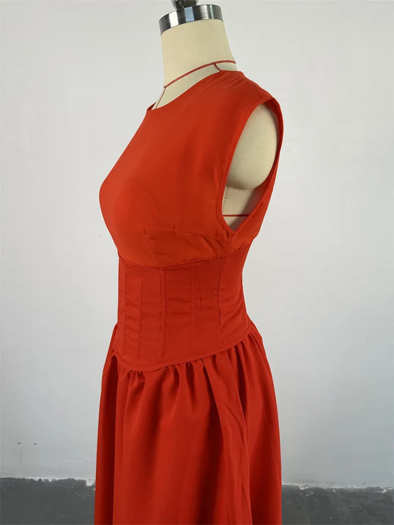 Halter Neck Cinched High Waist Fishbone A-line Skirt