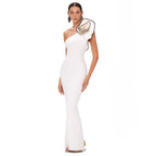 White One-shoulder Flower Black Hook Slim Fit Long Dress Aclosy