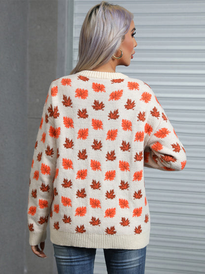 Angel Wings Maple Leaf Round Neck Long Sleeve Sweater Trendsi