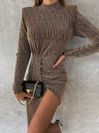 Heathered Mock Neck Long Sleeve Mini Dress Trendsi