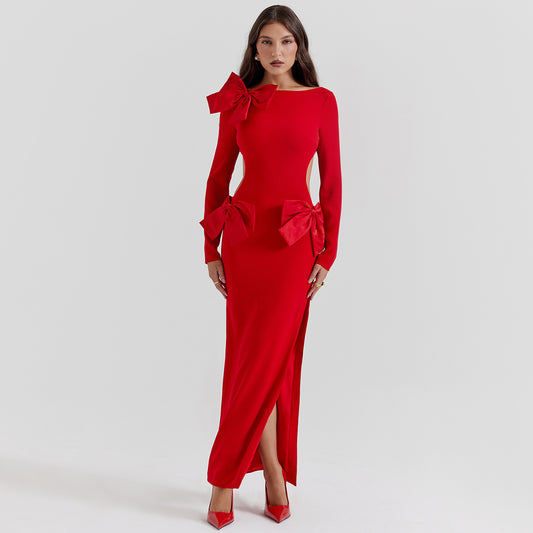 Long Sleeve Backless Bow Split Dress Red Dress Aclosy
