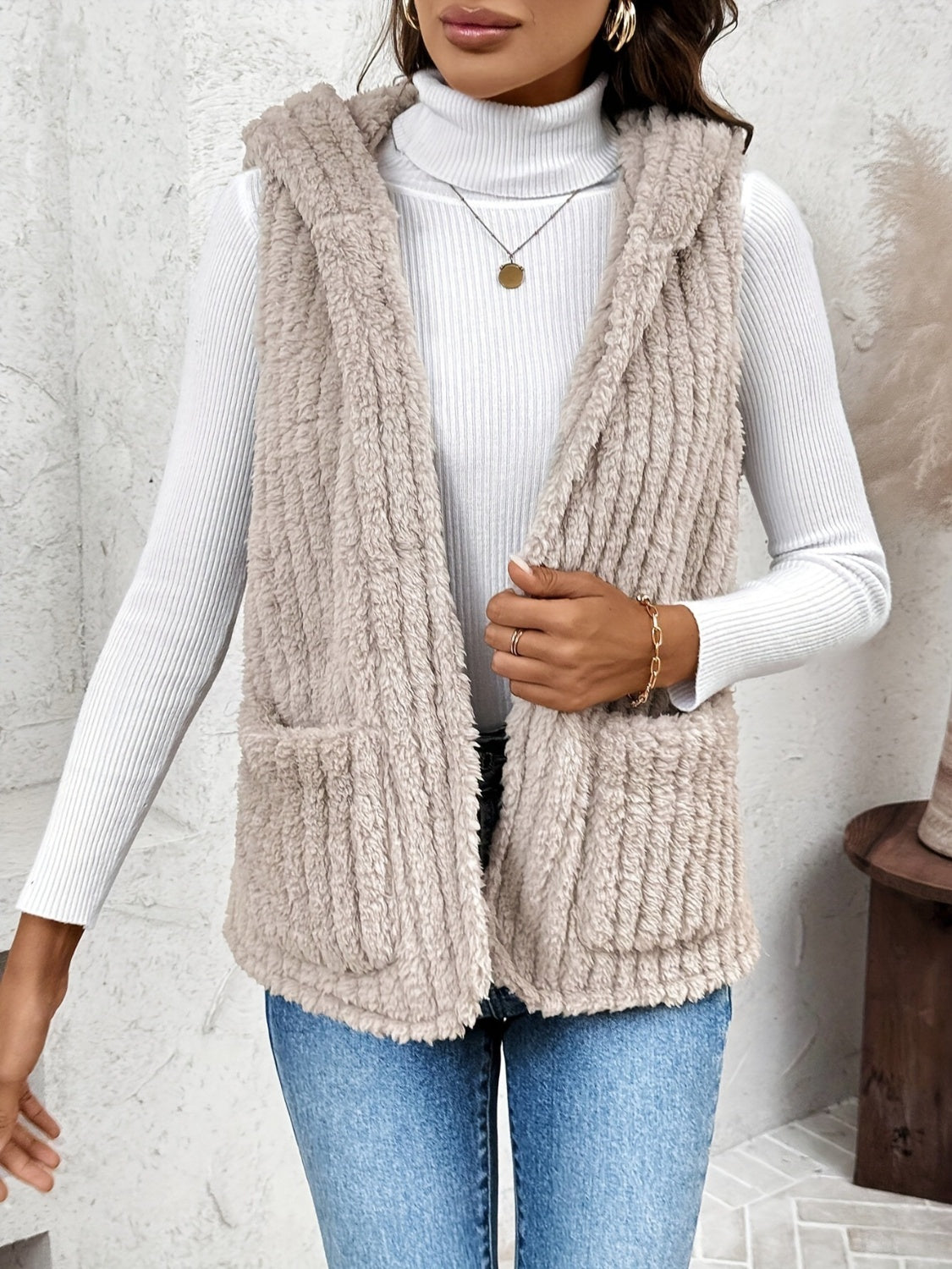 Fuzzy Hooded Vest with Pockets Trendsi