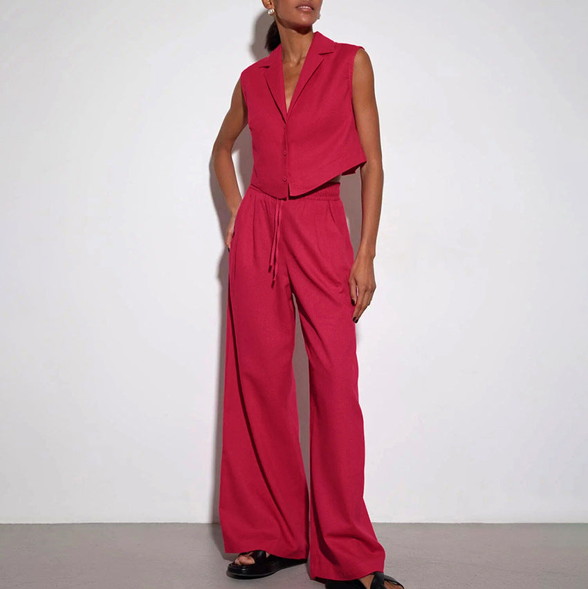 Vest High Waist Wide Leg Pants Suit Solid Color aclosy