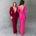 New Fashion V-neck Slim Fit Pleated Solid Color Long Sleeve Dress aclosy