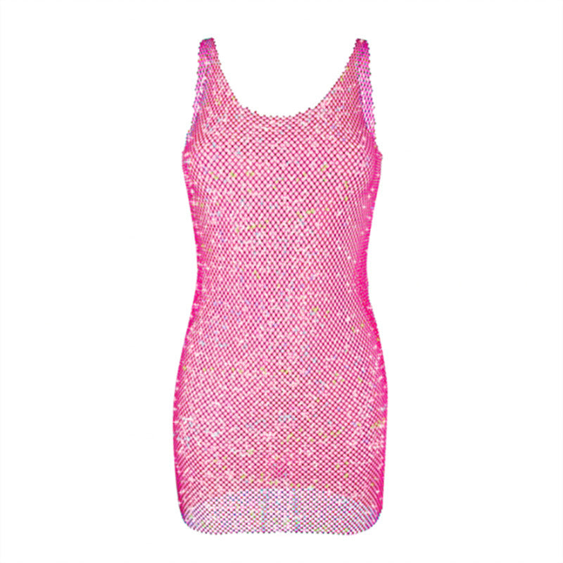 Women's Light Diamond Fishnet Sequined Sexy Hollow-out Camisole Dress Aclosy