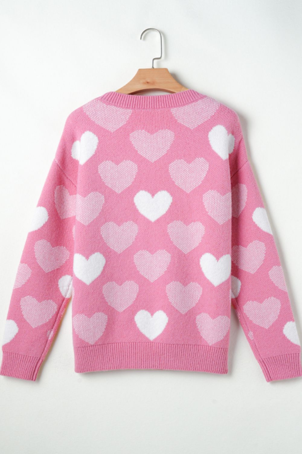 Pearl Trim Heart Round Neck Long Sleeve Sweater Trendsi