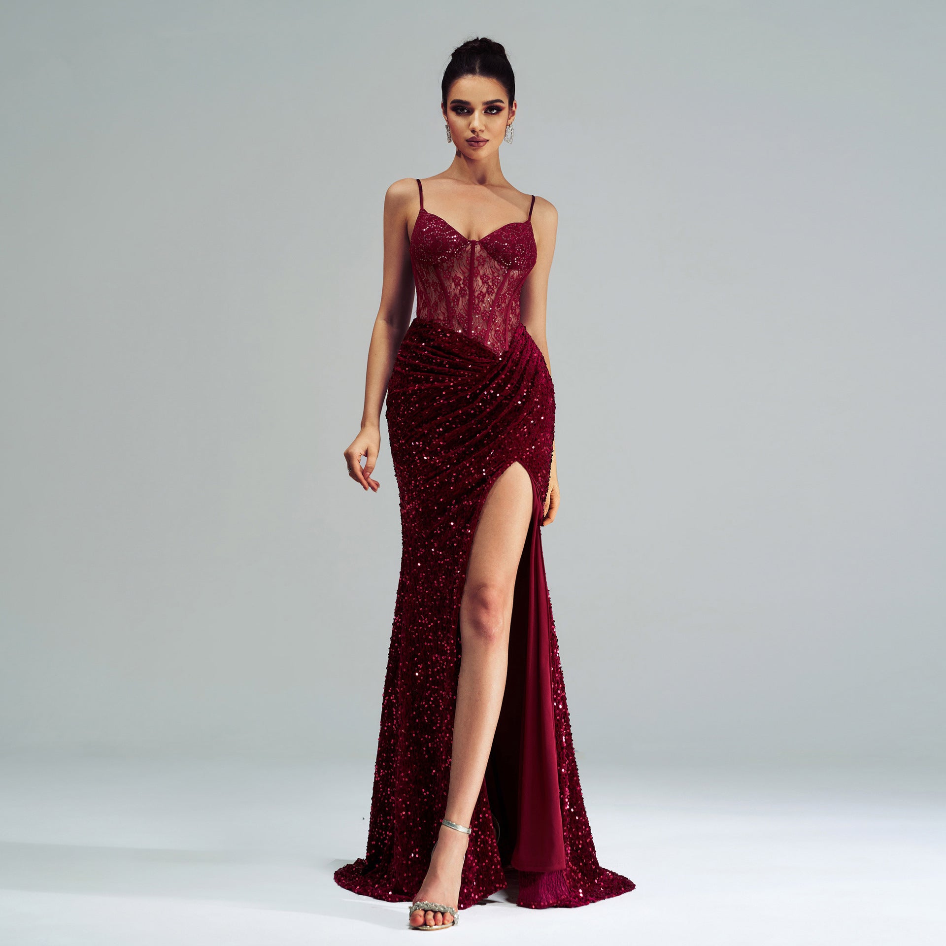 Spaghetti Straps Sleeveless Sequined High Slit Evening Dress aclosy