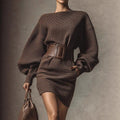Chic Belted Long Sleeve Brown Bodycon Mini Dress aclosy