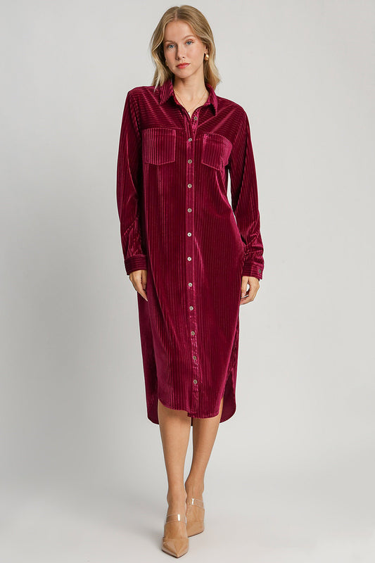 Umgee Texture Curved Hem Button Down Shirt Dress Trendsi