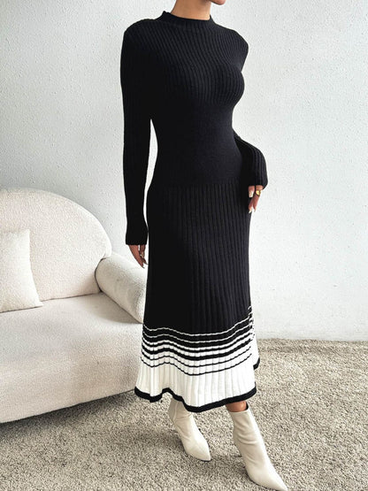 Contrast Mock Neck Long Sleeve Sweater Dress Trendsi