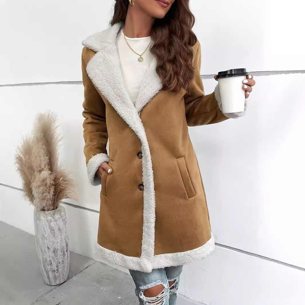 Women's Long-sleeved Lapel Deerskin Velvet Thick Woolen Coat aclosy