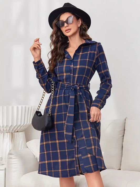 Plaid Tie Waist Long Sleeve Dress Trendsi