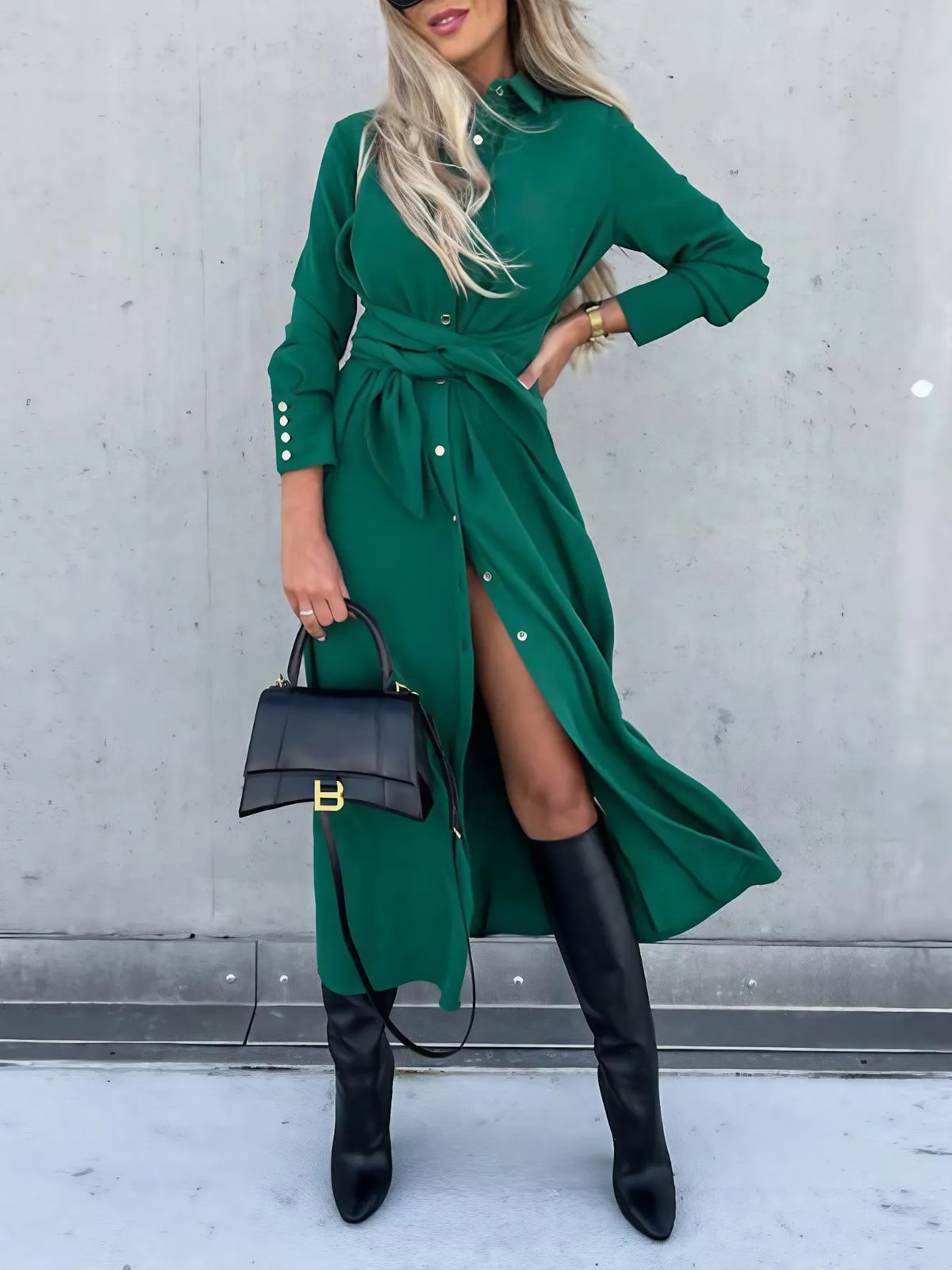 Button Front Long Sleeve Shirt Dress