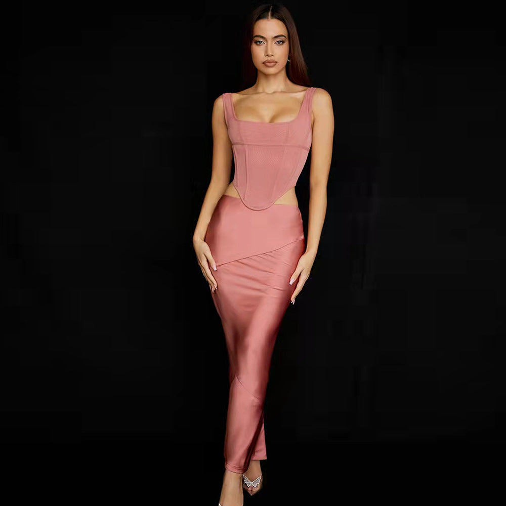 Mesh Fishbone Sling Backless Color Thong Bag Hip Slit Long Skirt Two-piece Women's aclosy