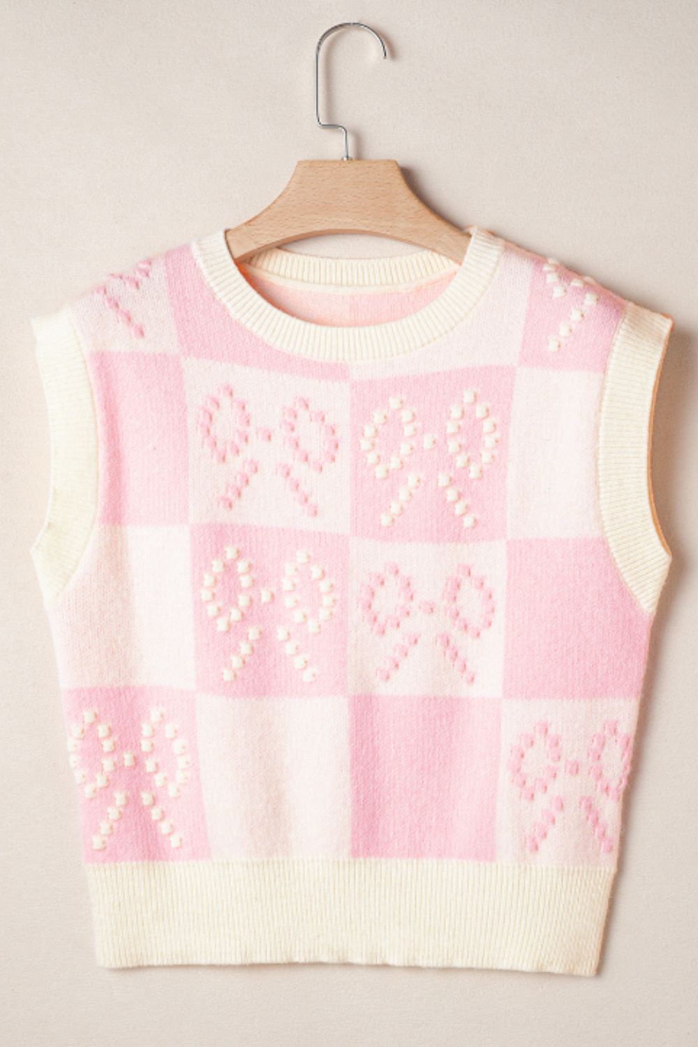 Bow Checkered Round Neck Sweater Vest Trendsi