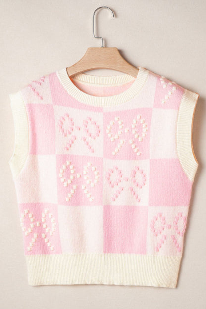 Bow Checkered Round Neck Sweater Vest Trendsi