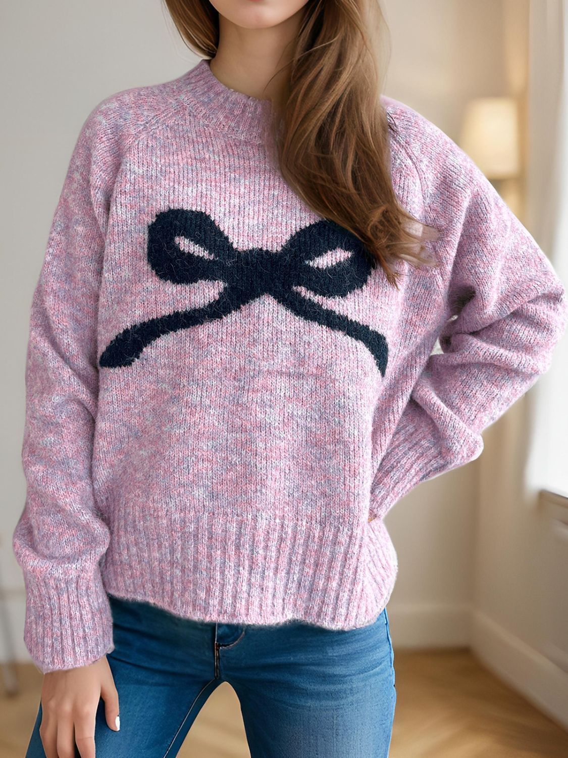 Bow Round Neck Long Sleeve Sweater Trendsi