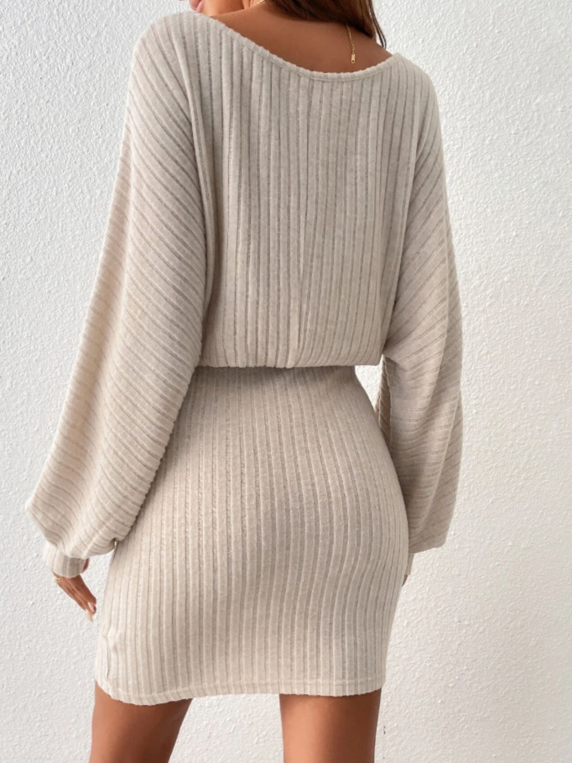 Round Neck Tie Waist Long Sleeve Mini Dress Trendsi