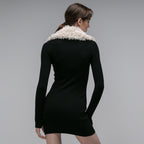Black Fur Collar Zipper Bandage High Elastic Dress Aclosy