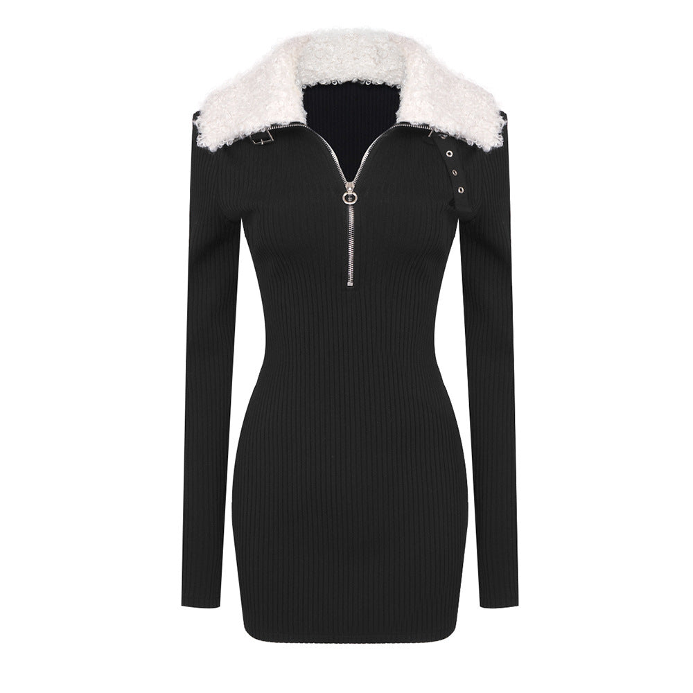 Black Fur Collar Zipper Bandage High Elastic Dress Aclosy