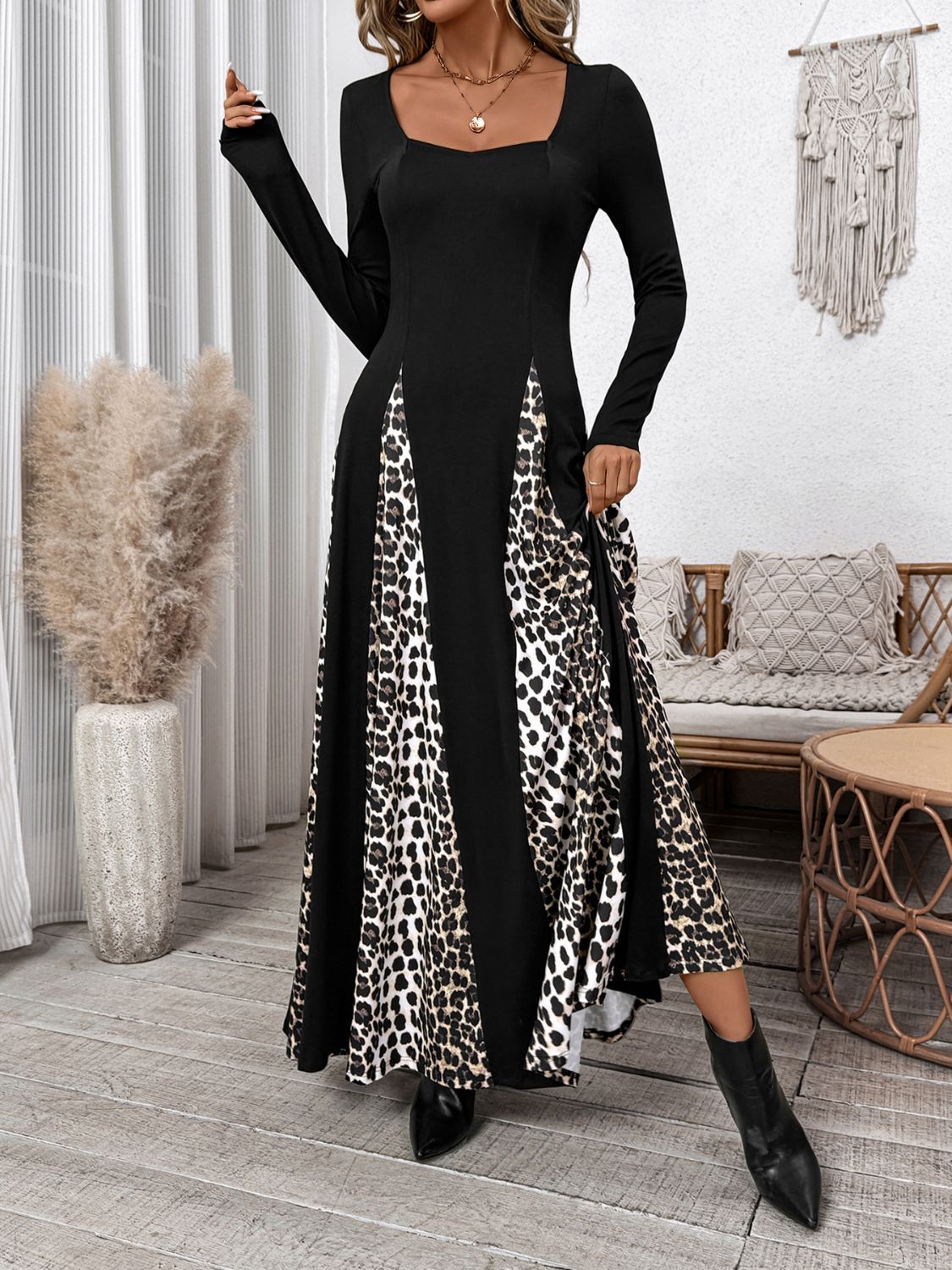 Perfee Leopard Square Neck Long Sleeve Maxi Dress Trendsi