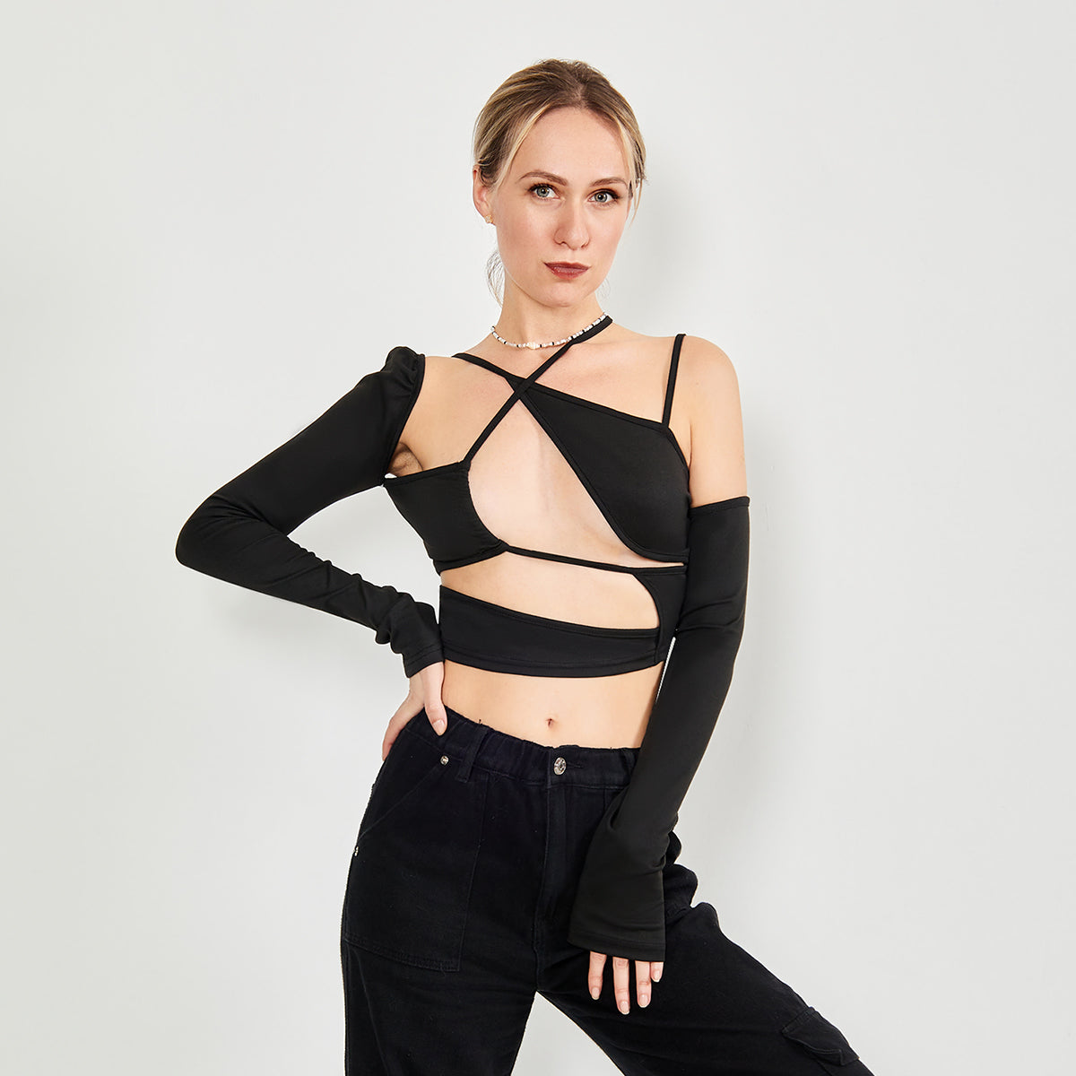 Long Sleeve Top Cut Out Asymmetrical Neck aclosy