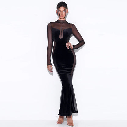 Velvet Mesh Splicing Long-sleeved Dress