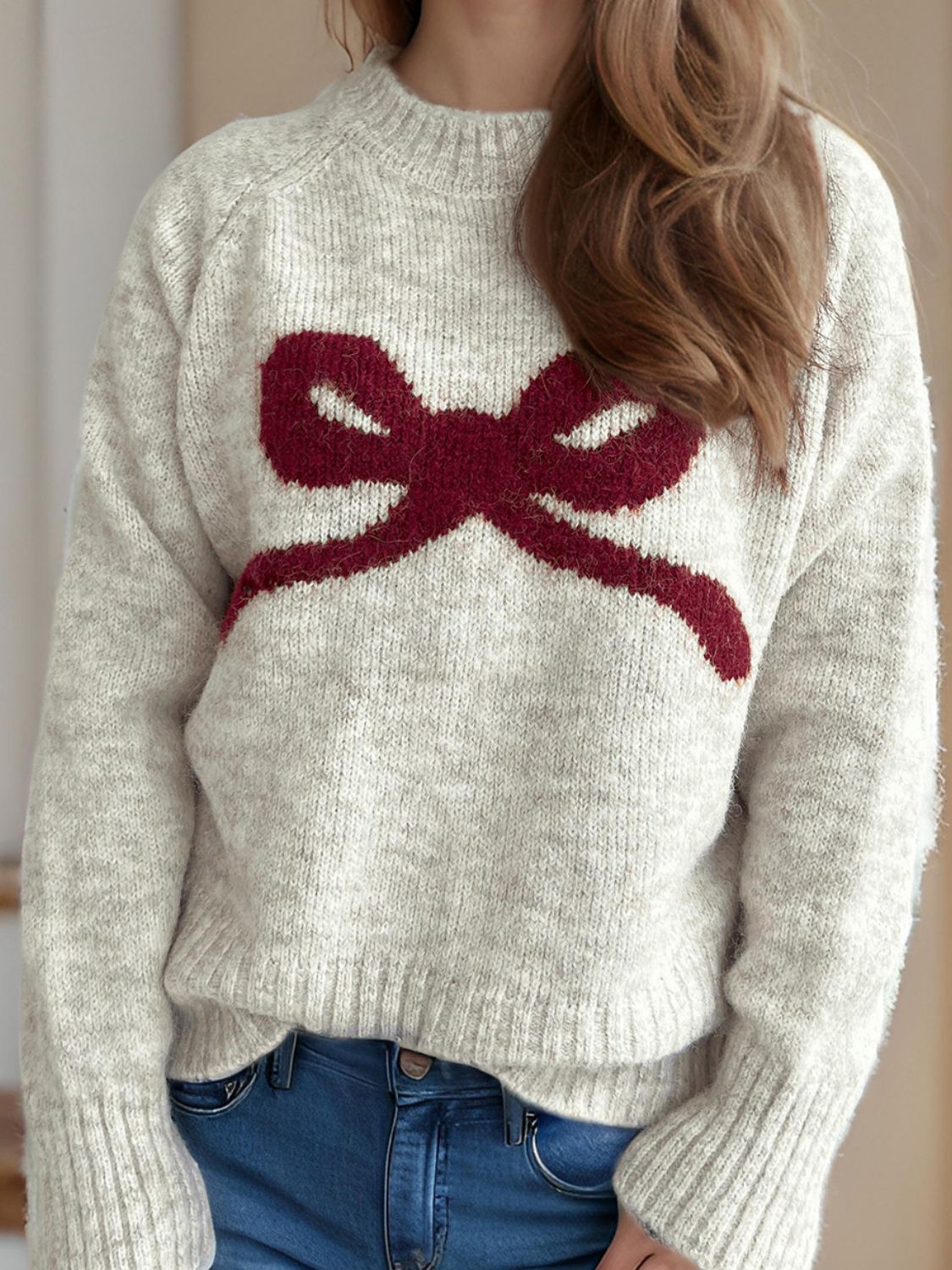 Bow Round Neck Long Sleeve Sweater Trendsi