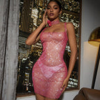 Women's Fashion Hollowed-out Fishnet Rhinestone Dress Aclosy