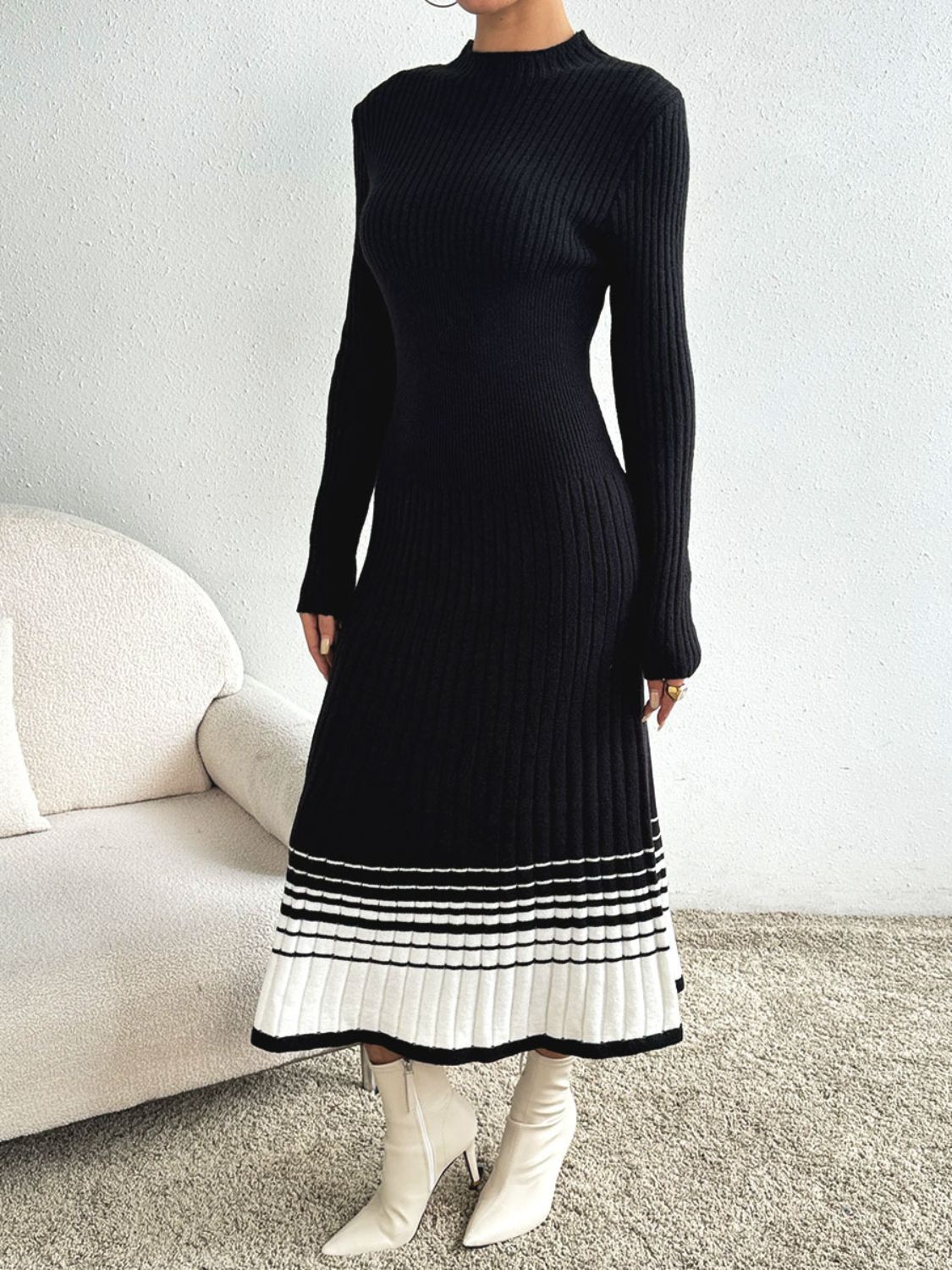 Contrast Mock Neck Long Sleeve Sweater Dress Trendsi