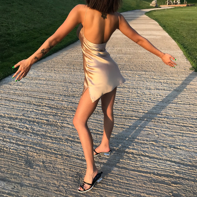 Champagne Banquet Dress Split Suspender Skirt Aclosy