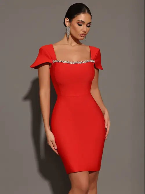 Saliya Rhinestone Off-neck  Bandage Dress