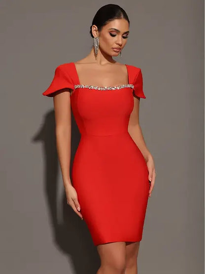 Saliya Rhinestone Off-neck  Bandage Dress
