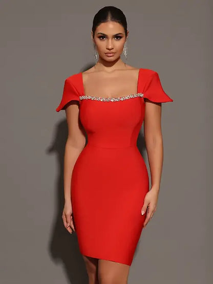 Saliya Rhinestone Off-neck  Bandage Dress