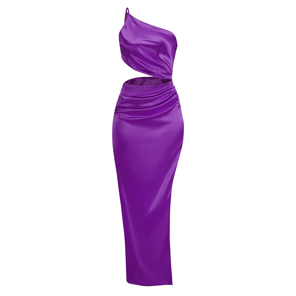 Women's Slant Shoulder Hollow Pleated High Slit Long Dress aclosy