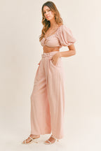 MABLE Cut Out Drawstring Crop Top and Belted Pants Set Trendsi