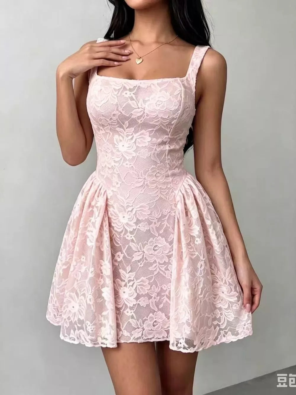 Lila floral lace square-neck mini dress