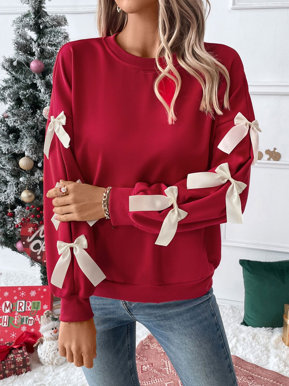 Perfee Bow Round Neck Long Sleeve Sweatshirt Trendsi