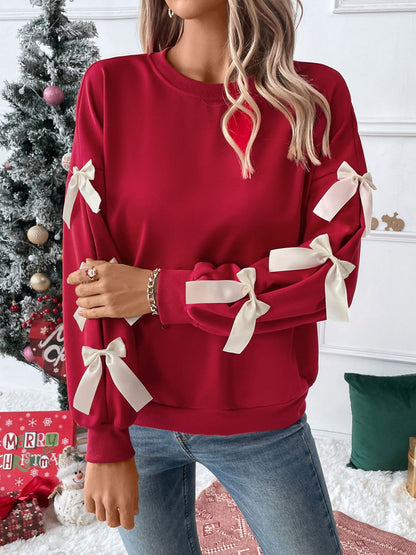 Perfee Bow Round Neck Long Sleeve Sweatshirt Trendsi